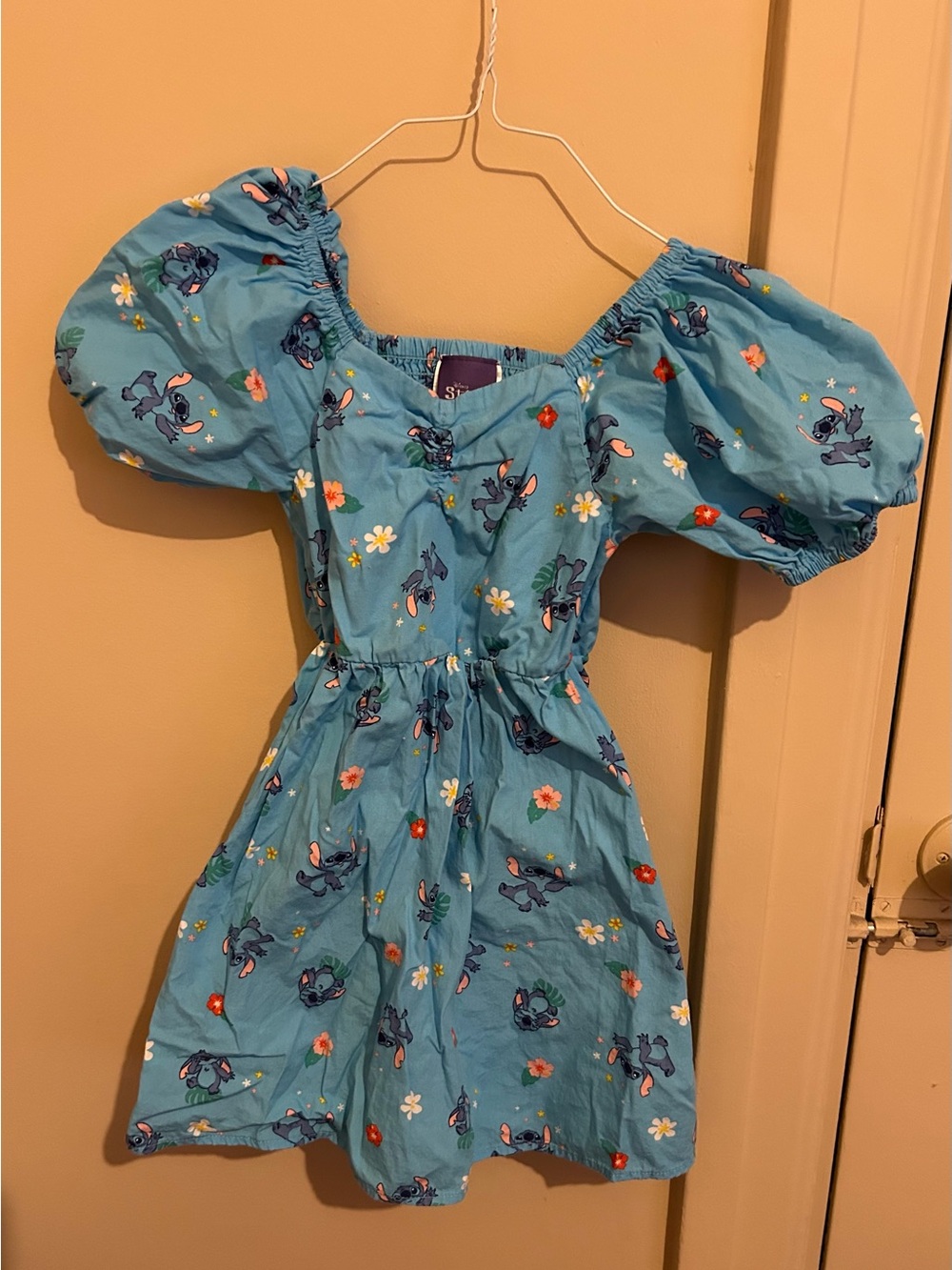 Disney Teal Blue Puff-Sleeve Dress with Stitch & Floral Print
